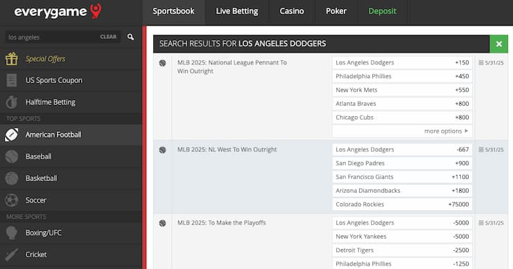 An image of the betting screen from Everygame, a popular online sportsbook in Hawaii.
